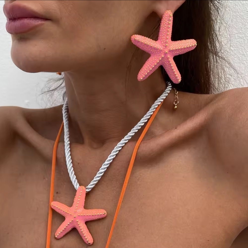 Starfish Pink Coral Gold Earrings Set